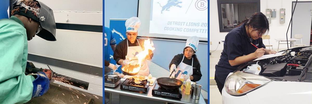 male and female students in class welding, cooking and inspecting cars